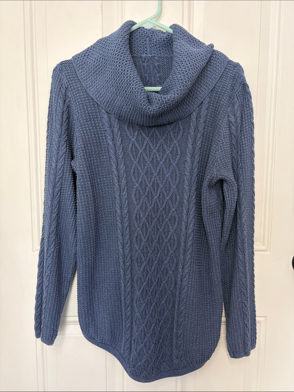 Cozy Blue Cable Cowl Neck Sweater